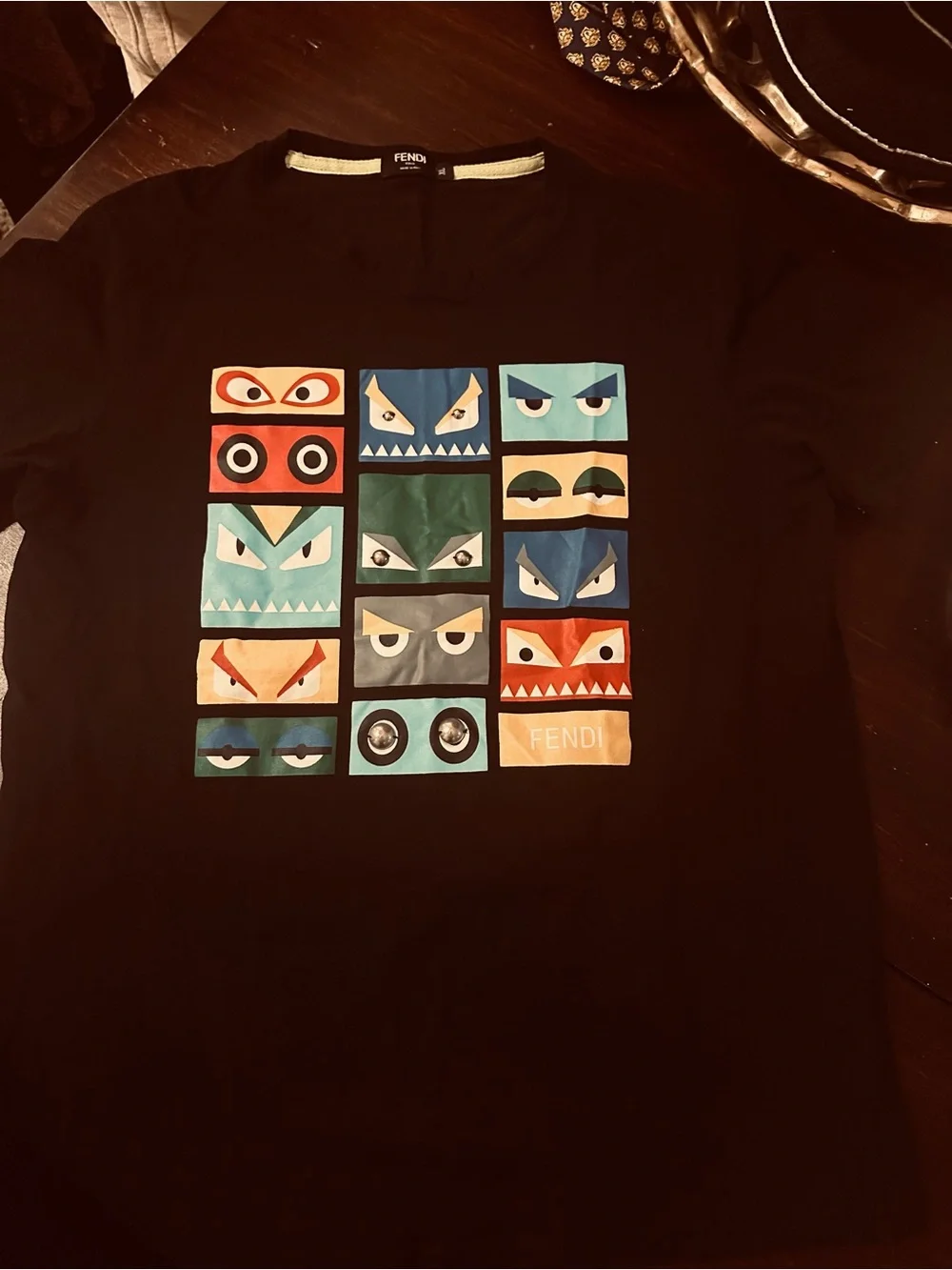 Fendi Black Tee with Multicolor Monster-Block Graphic
